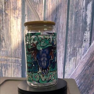 Howdy Skull Glass Jar with Straw